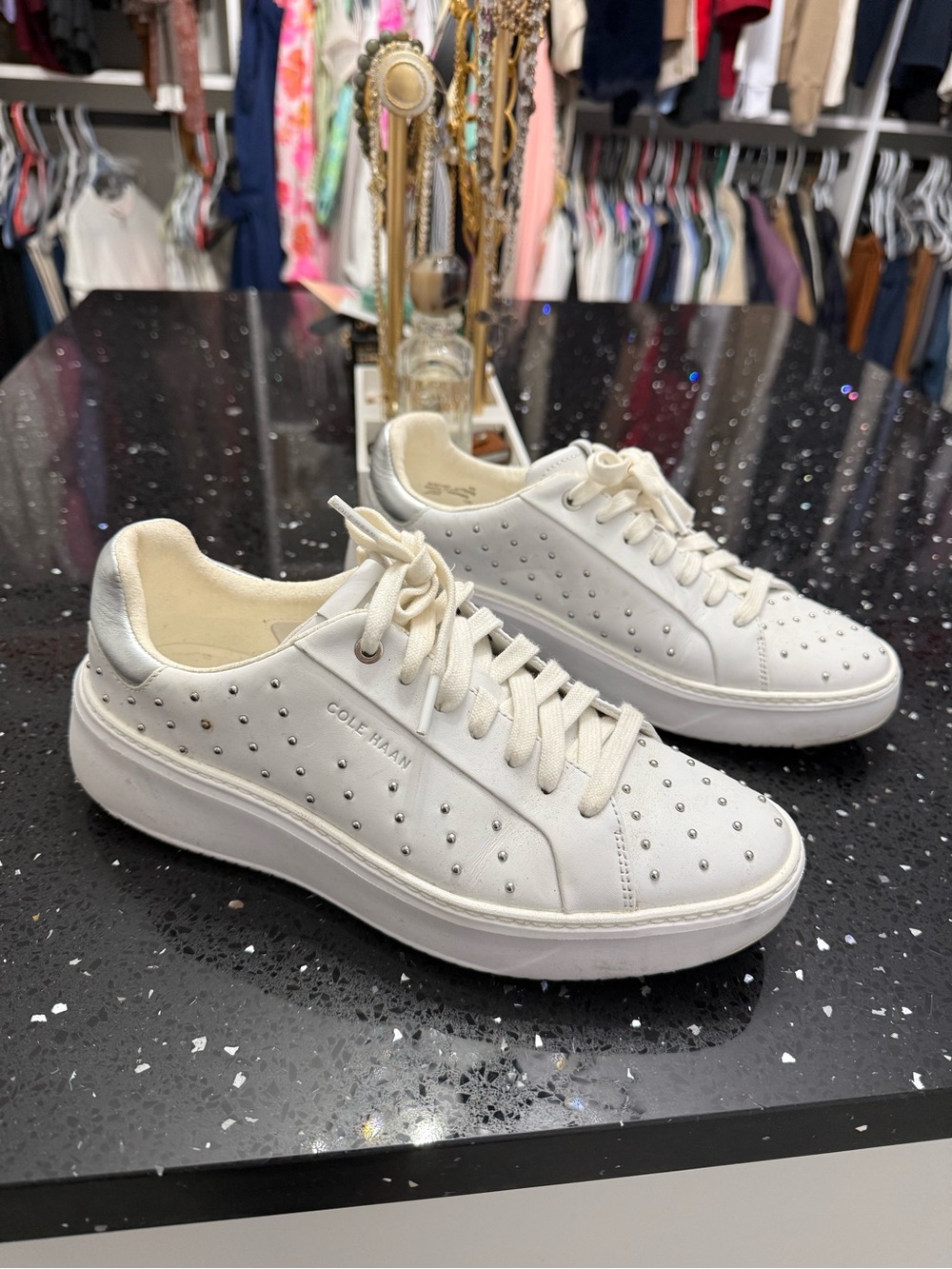 Cole Haan White Leather Studded Low-Top Sneakers